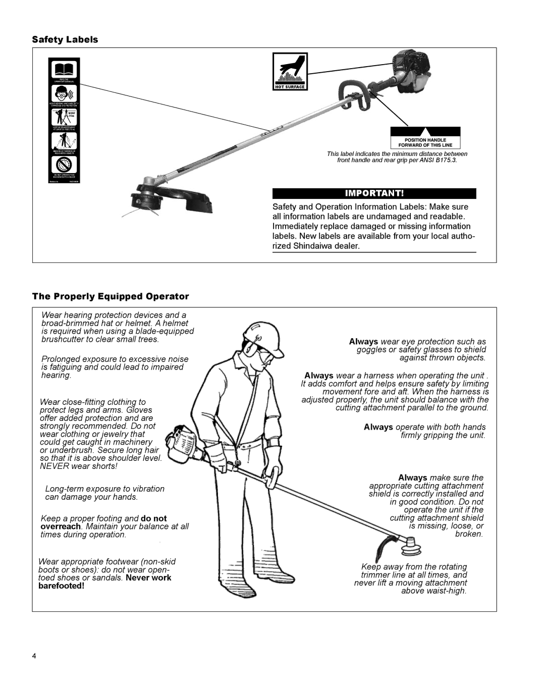 Shindaiwa X7502831500, T344 manual Safety Labels, Properly Equipped Operator 