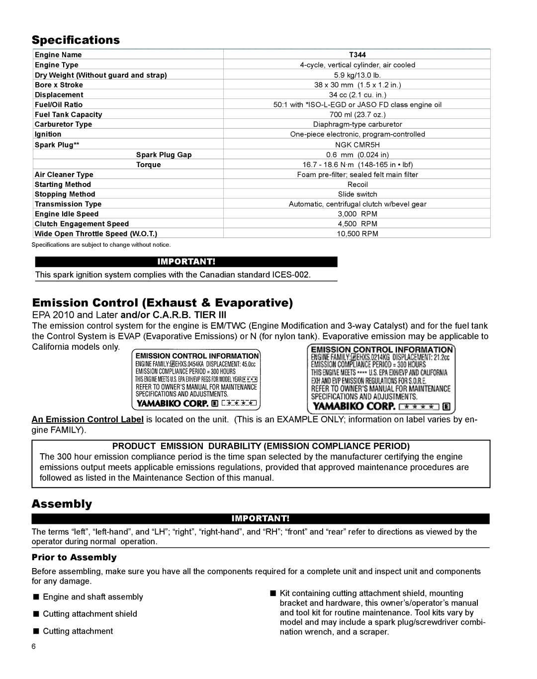 Shindaiwa X7502831500, T344 manual Specifications, Emission Control Exhaust & Evaporative, Prior to Assembly 