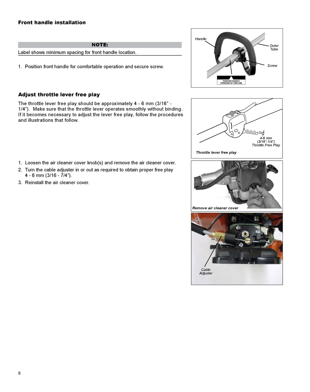 Shindaiwa X7502831500, T344 manual Front handle installation, Adjust throttle lever free play 