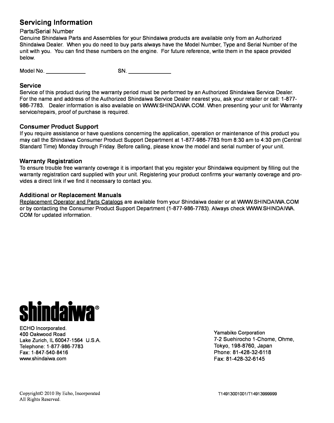 Shindaiwa X7502831500 Servicing Information, Service, Consumer Product Support, Warranty Registration, Parts/Serial Number 