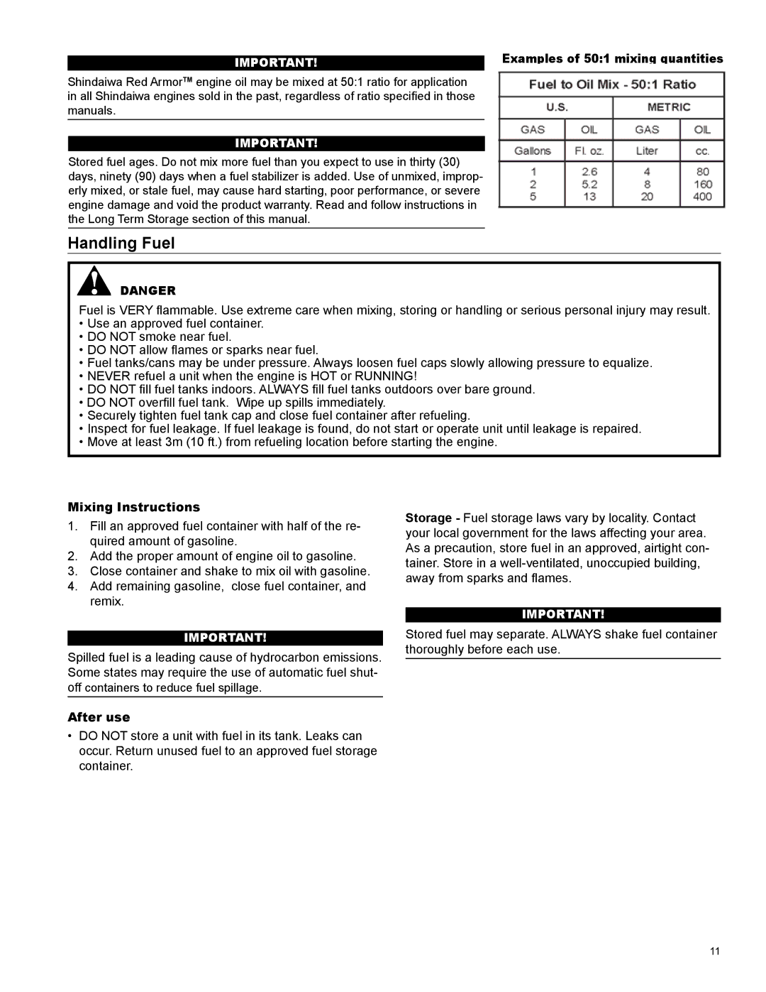 Shindaiwa X7502831600 manual Handling Fuel, Mixing Instructions, After use 