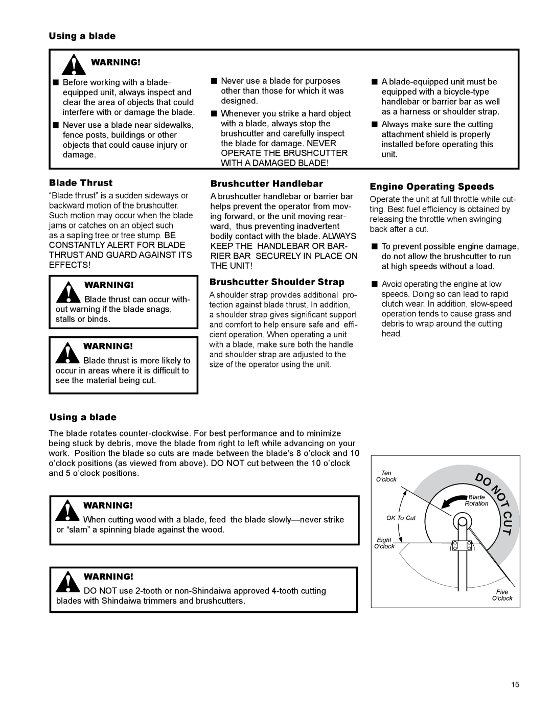 Shindaiwa X7502831600 manual Using a blade, Blade Thrust, Brushcutter Handlebar, Brushcutter Shoulder Strap 