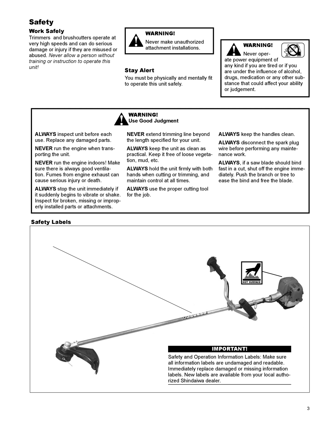 Shindaiwa X7502831600 manual Work Safely, Stay Alert, Use Good Judgment, Safety Labels 