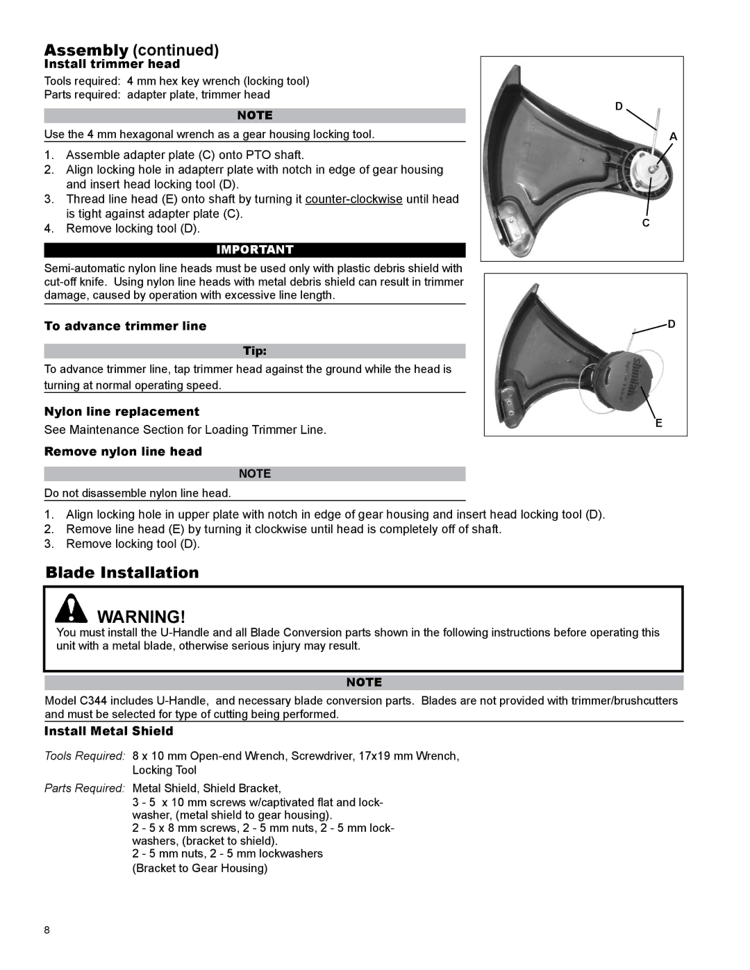 Shindaiwa X7502831600 manual Blade Installation 