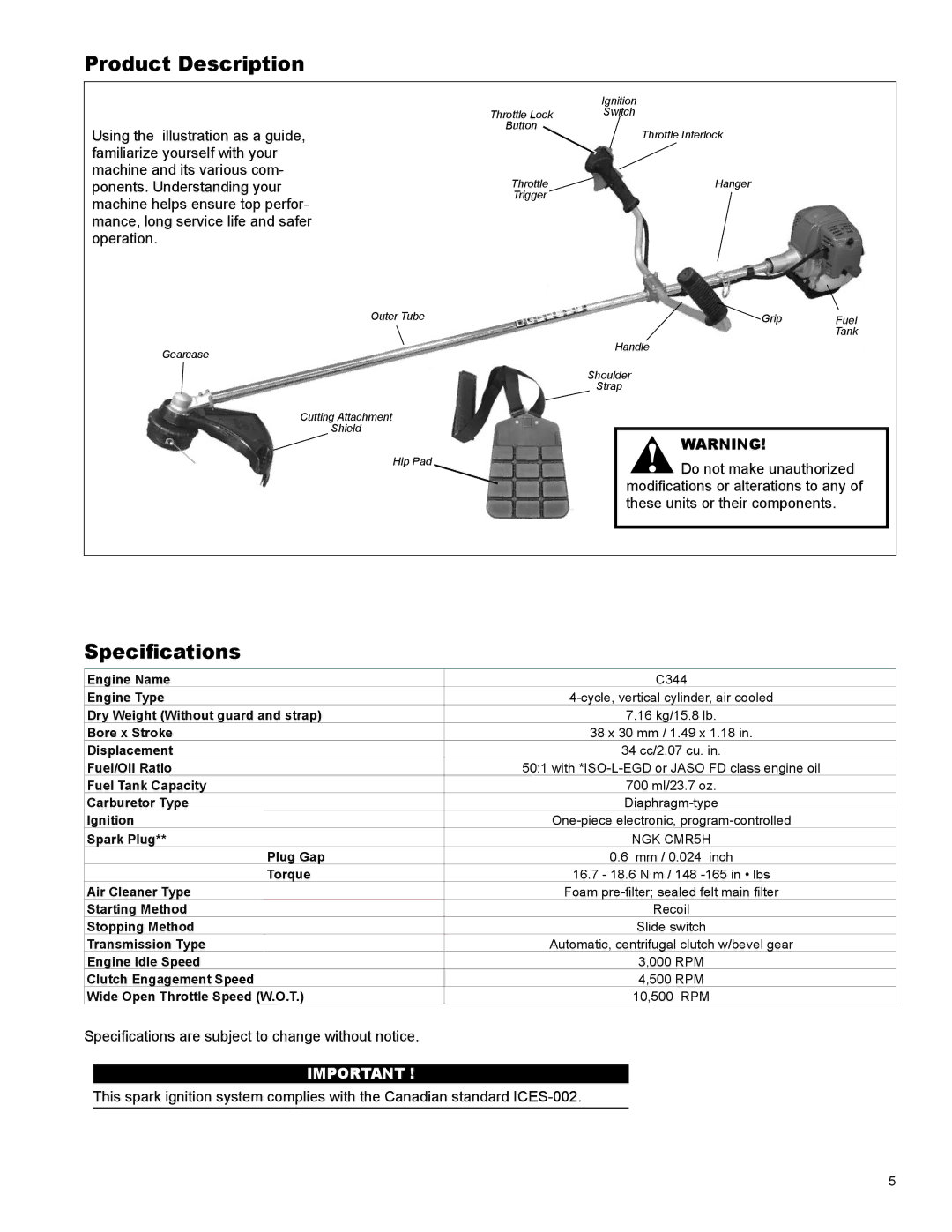 Shindaiwa C344, X7502831700 manual Product Description, Specifications 