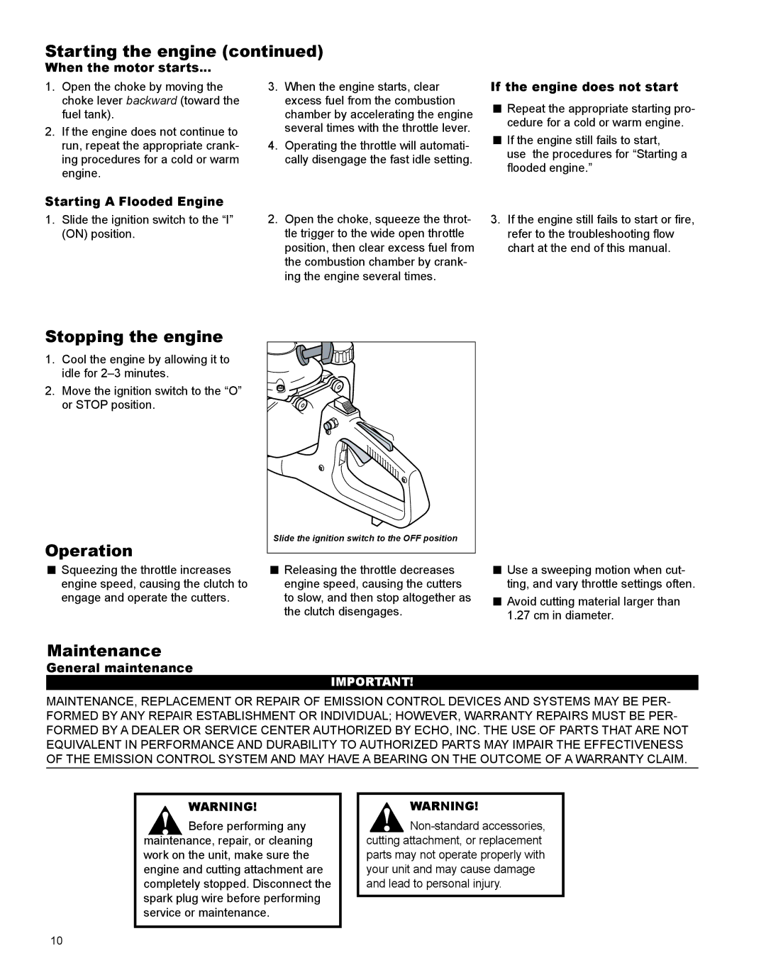 Shindaiwa X7502862900 manual Stopping the engine, Operation, Maintenance 