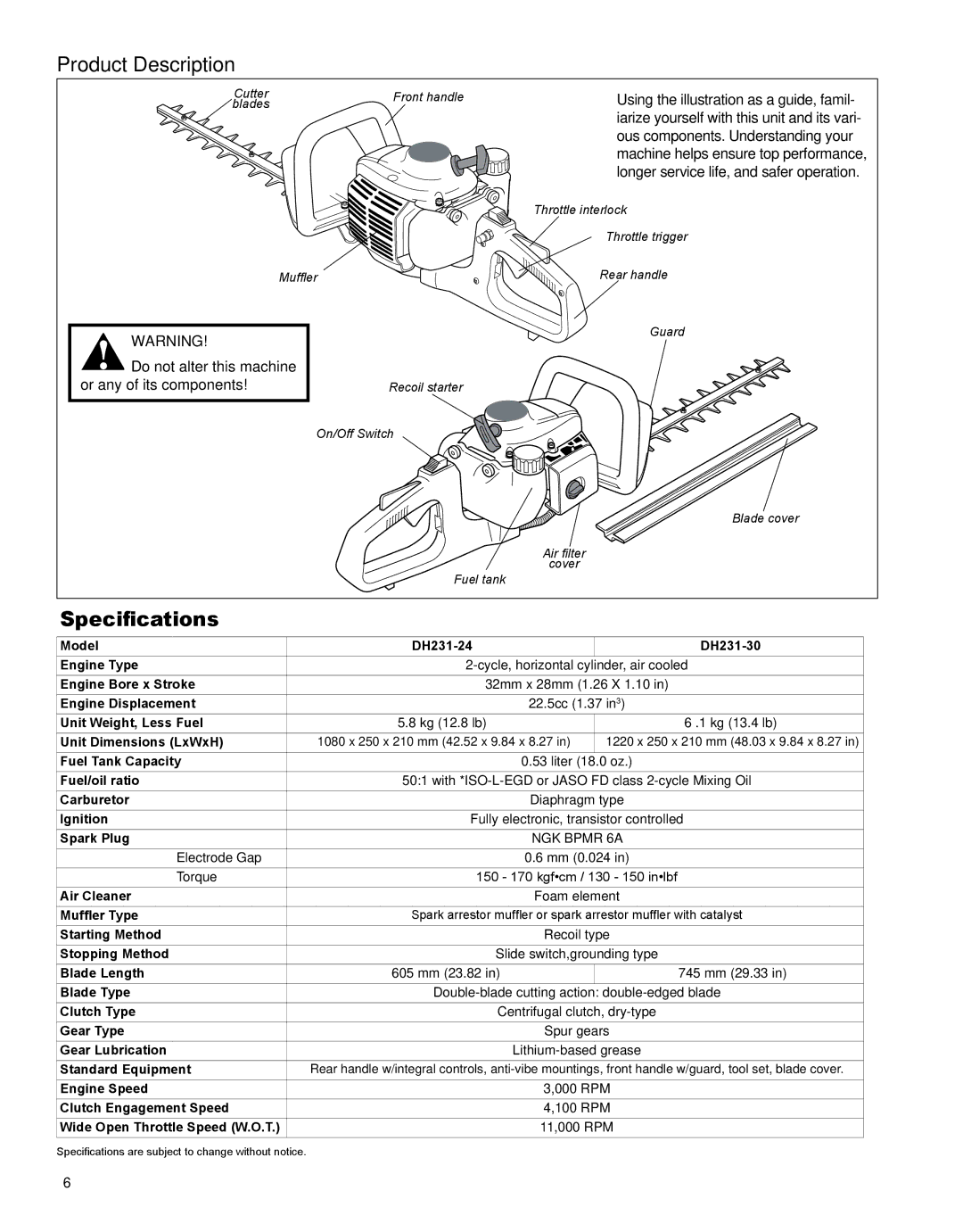 Shindaiwa X7502862900 manual Product Description, Specifications 