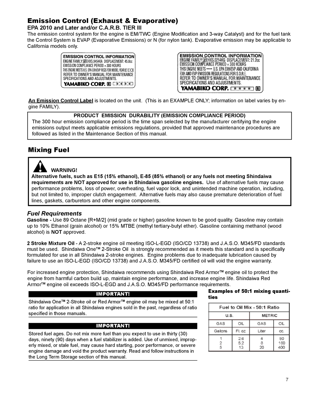 Shindaiwa X7502862900 manual Emission Control Exhaust & Evaporative, Mixing Fuel, Examples of 501 mixing quanti- ties 