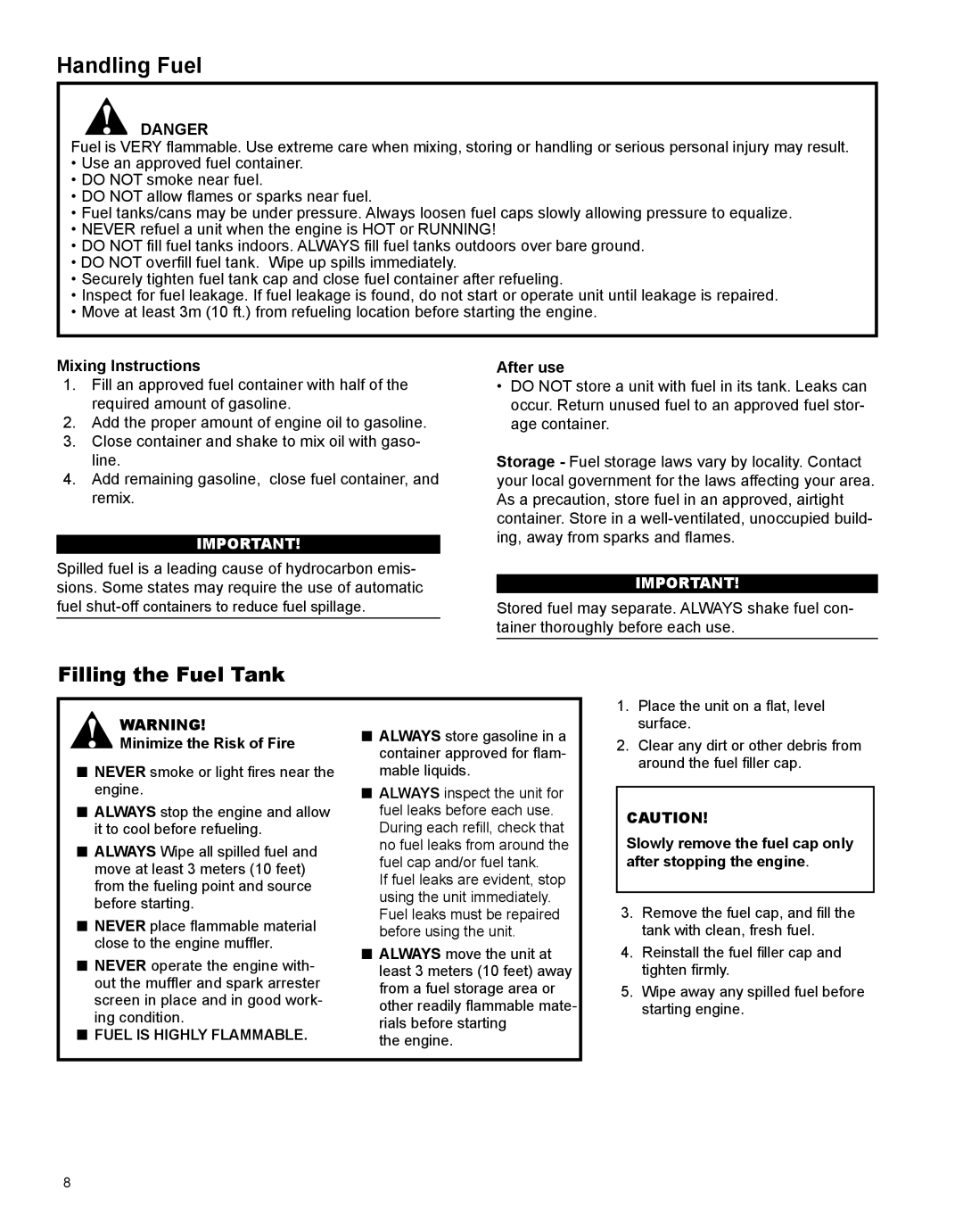 Shindaiwa X7502862900 manual Filling the Fuel Tank, Mixing Instructions, After use, Minimize the Risk of Fire 