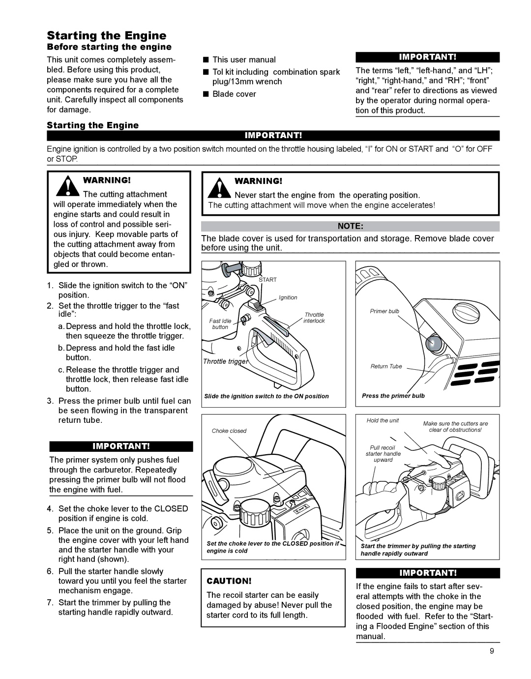 Shindaiwa X7502862900 manual Starting the Engine, Before starting the engine 