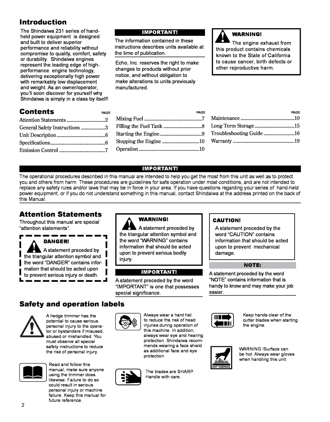 Shindaiwa X7502862900 manual Introduction, Contents, Attention Statements, Safety and operation labels, Danger 