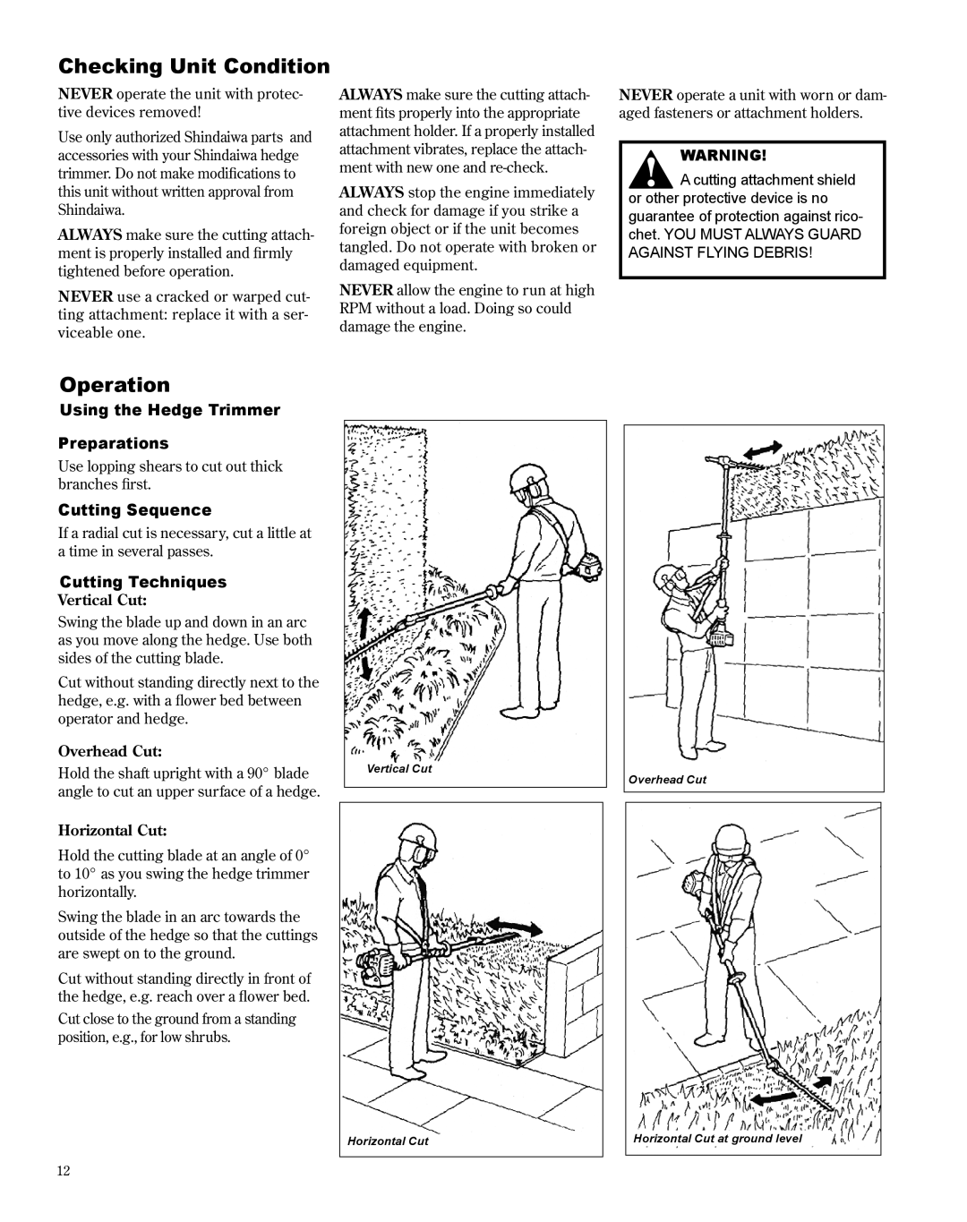 Shindaiwa X7502872300 manual Checking Unit Condition, Operation, Using the Hedge Trimmer Preparations, Cutting Sequence 