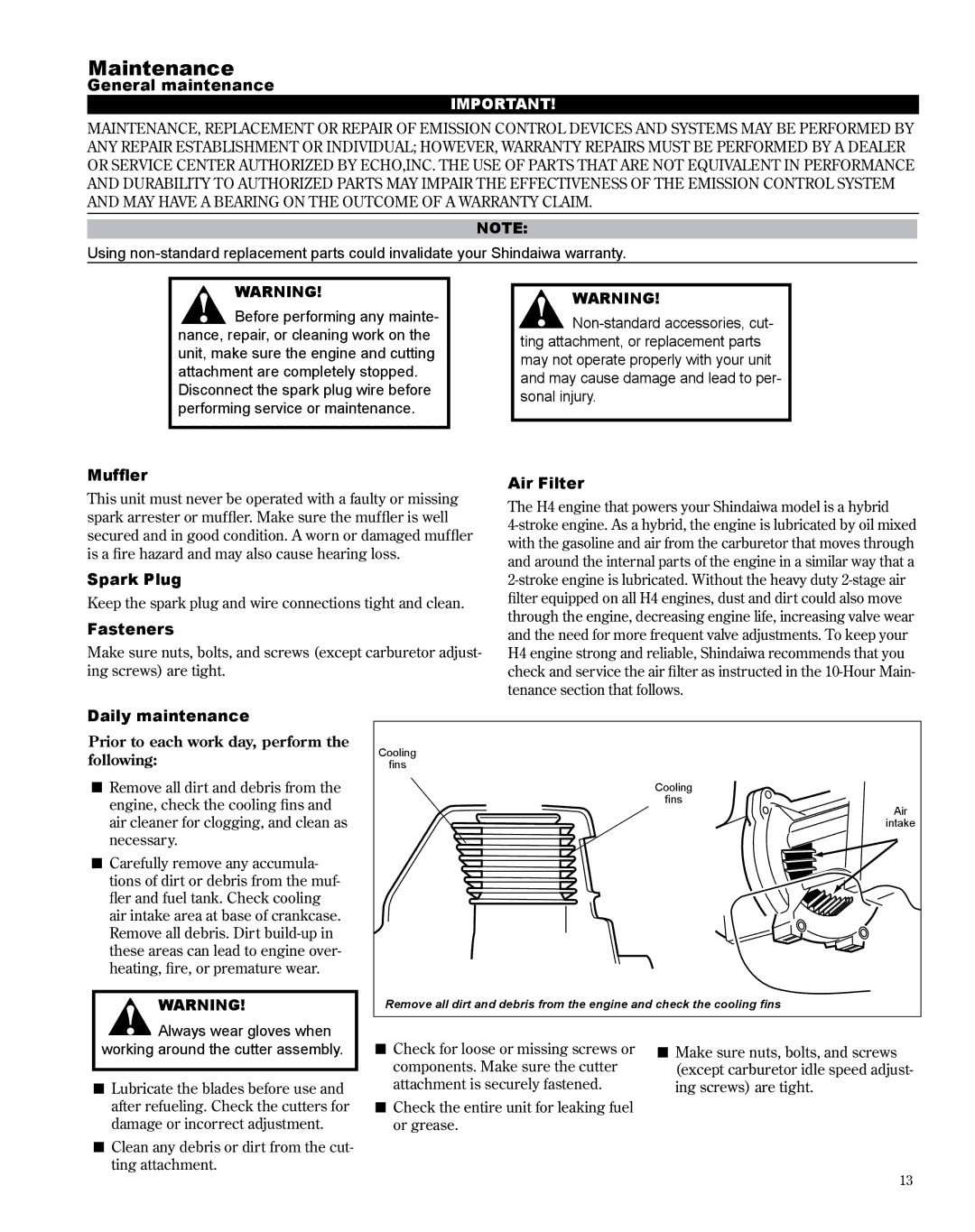 Shindaiwa X7502872300 manual Maintenance 