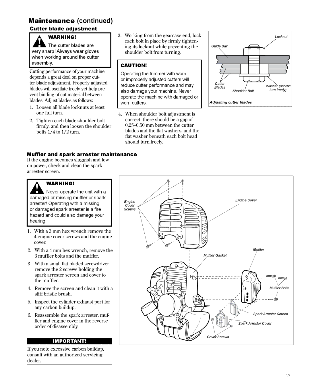 Shindaiwa X7502872300 manual Cutter blade adjustment, Muffler and spark arrester maintenance 