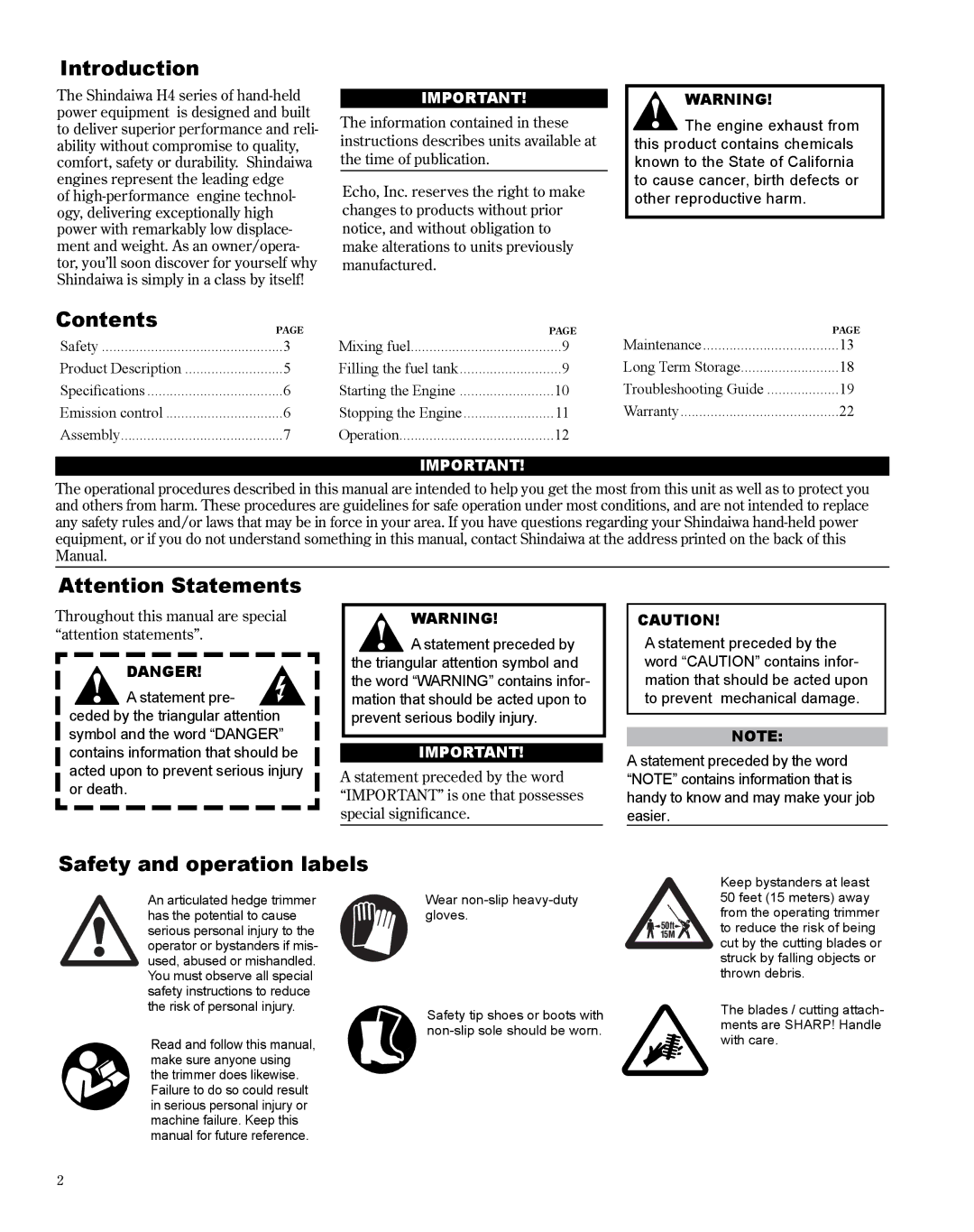 Shindaiwa X7502872300 manual Introduction, Contents, Safety and operation labels 