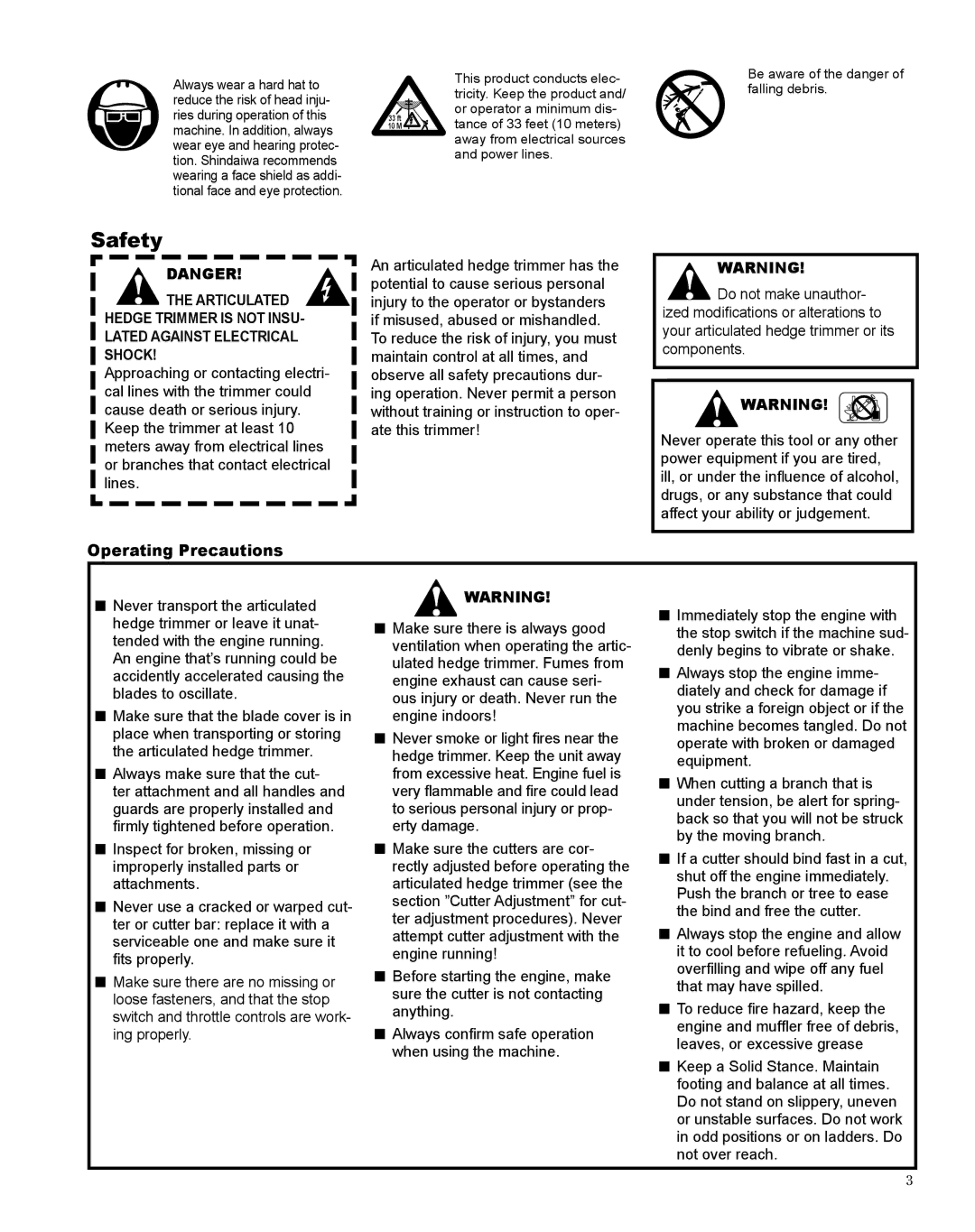 Shindaiwa X7502872300 manual Safety, Operating Precautions 