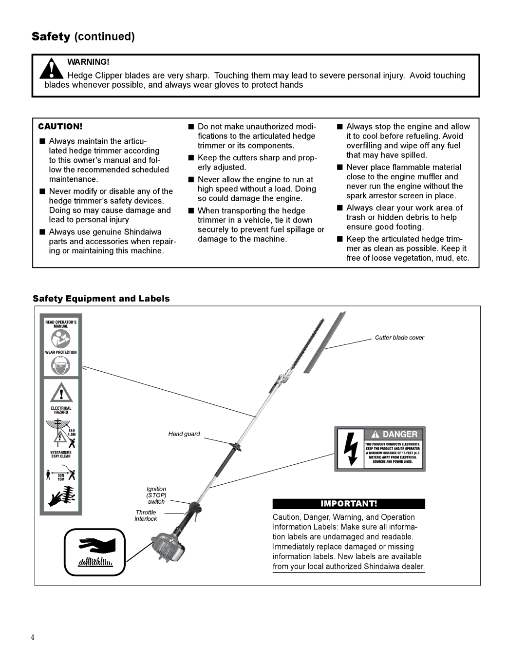 Shindaiwa X7502872300 manual Safety Equipment and Labels 