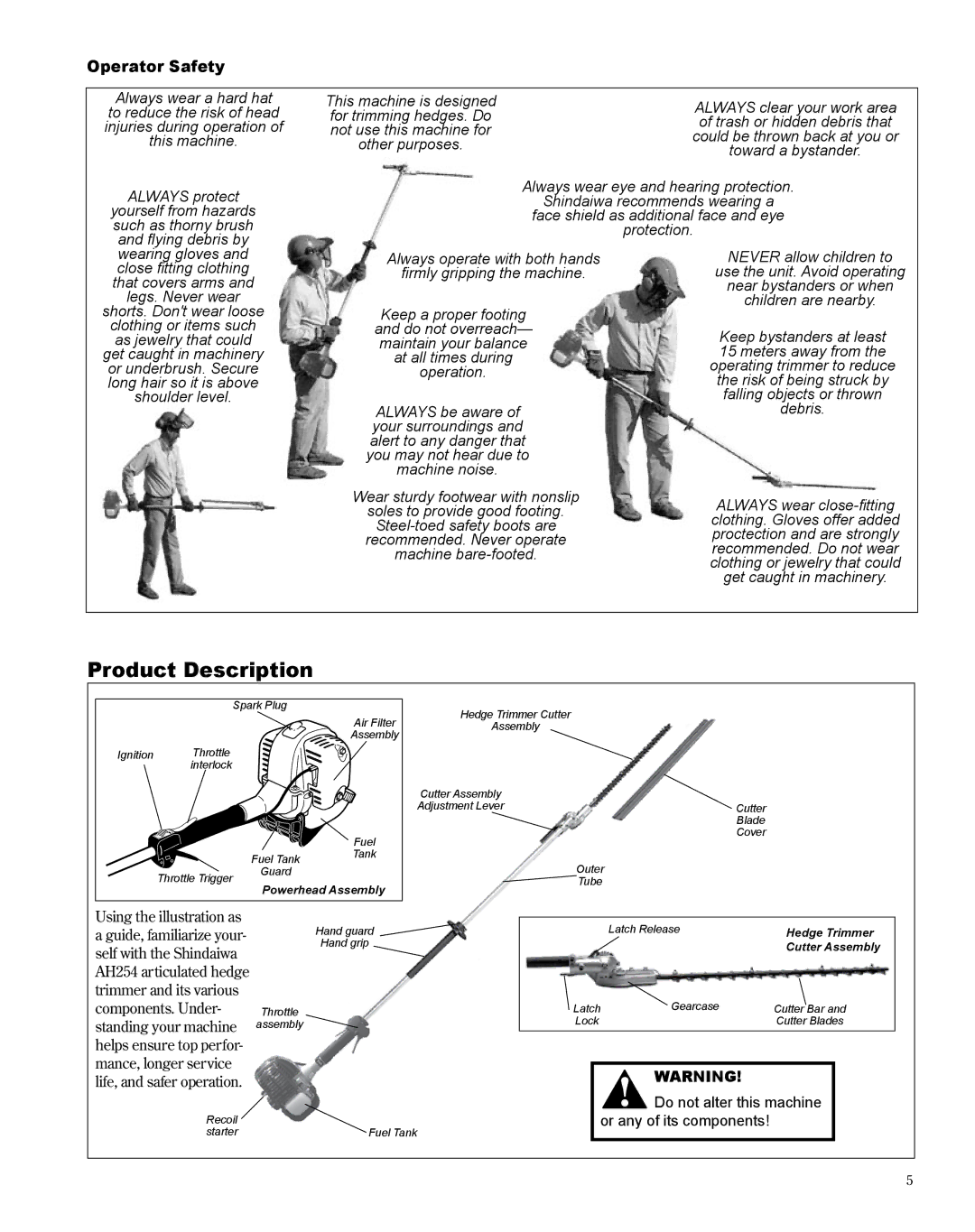 Shindaiwa X7502872300 manual Product Description, Operator Safety 