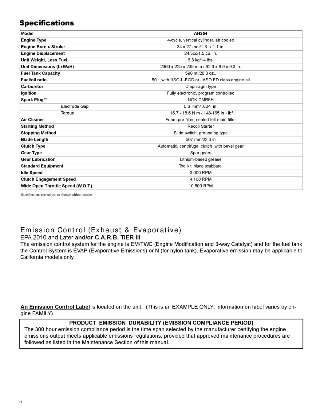 Shindaiwa X7502872300 manual Specifications, Emission Control Exhaust & Evaporative 