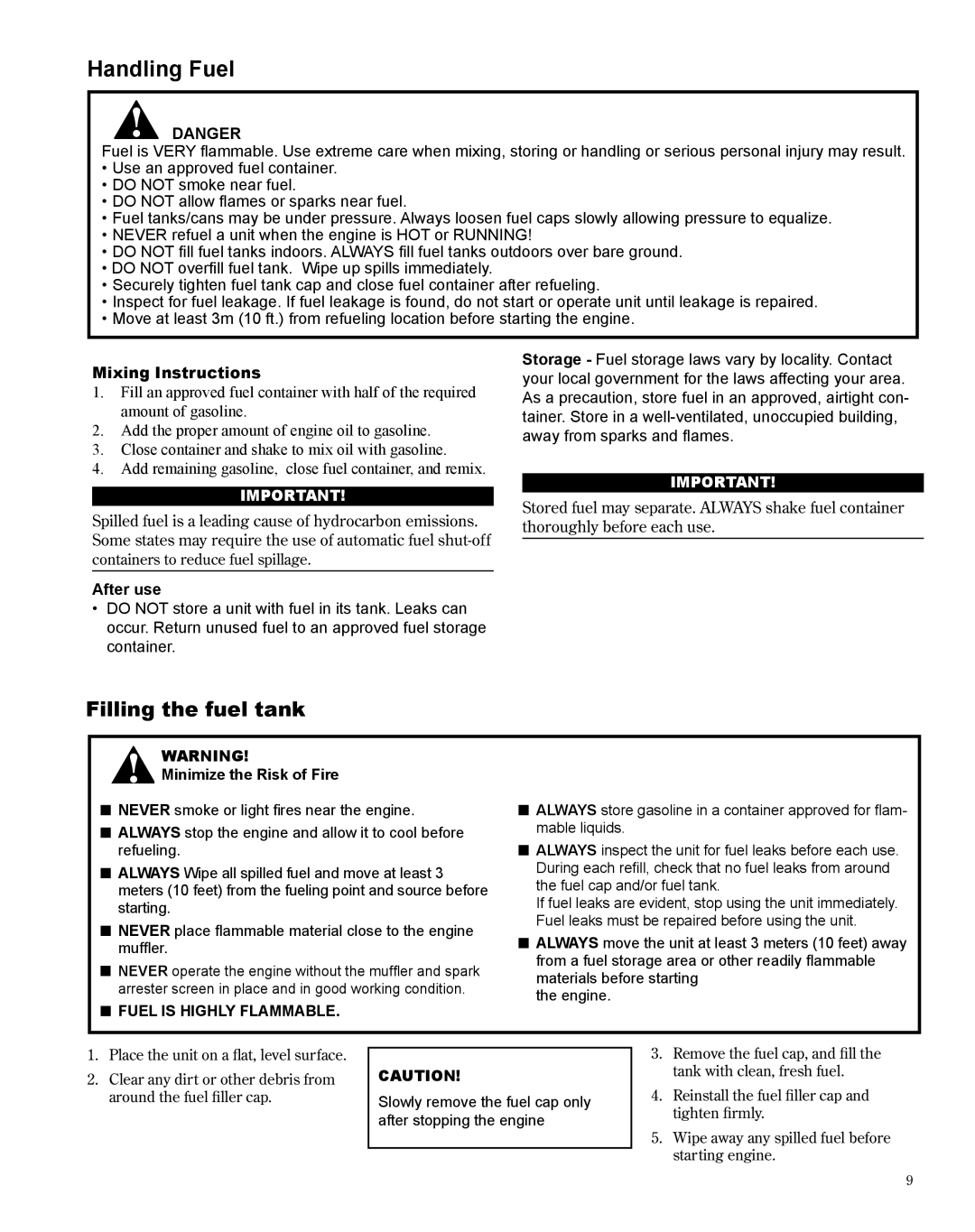 Shindaiwa X7502872300 manual Filling the fuel tank, Mixing Instructions, After use, Minimize the Risk of Fire 