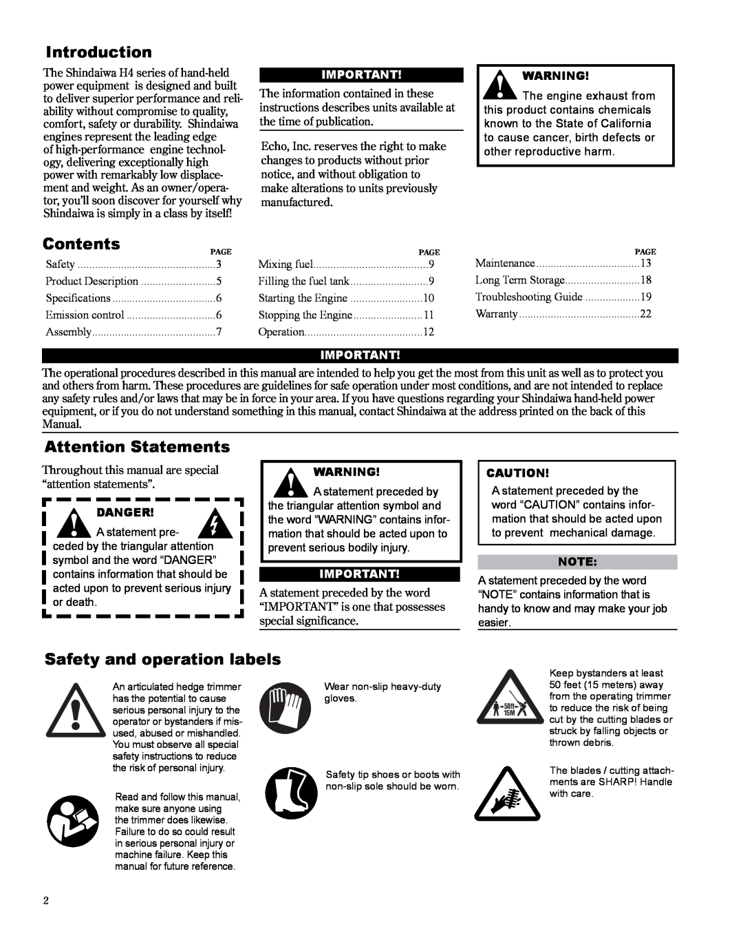 Shindaiwa X7502872300 manual Introduction, Contents, Attention Statements, Safety and operation labels, Danger 