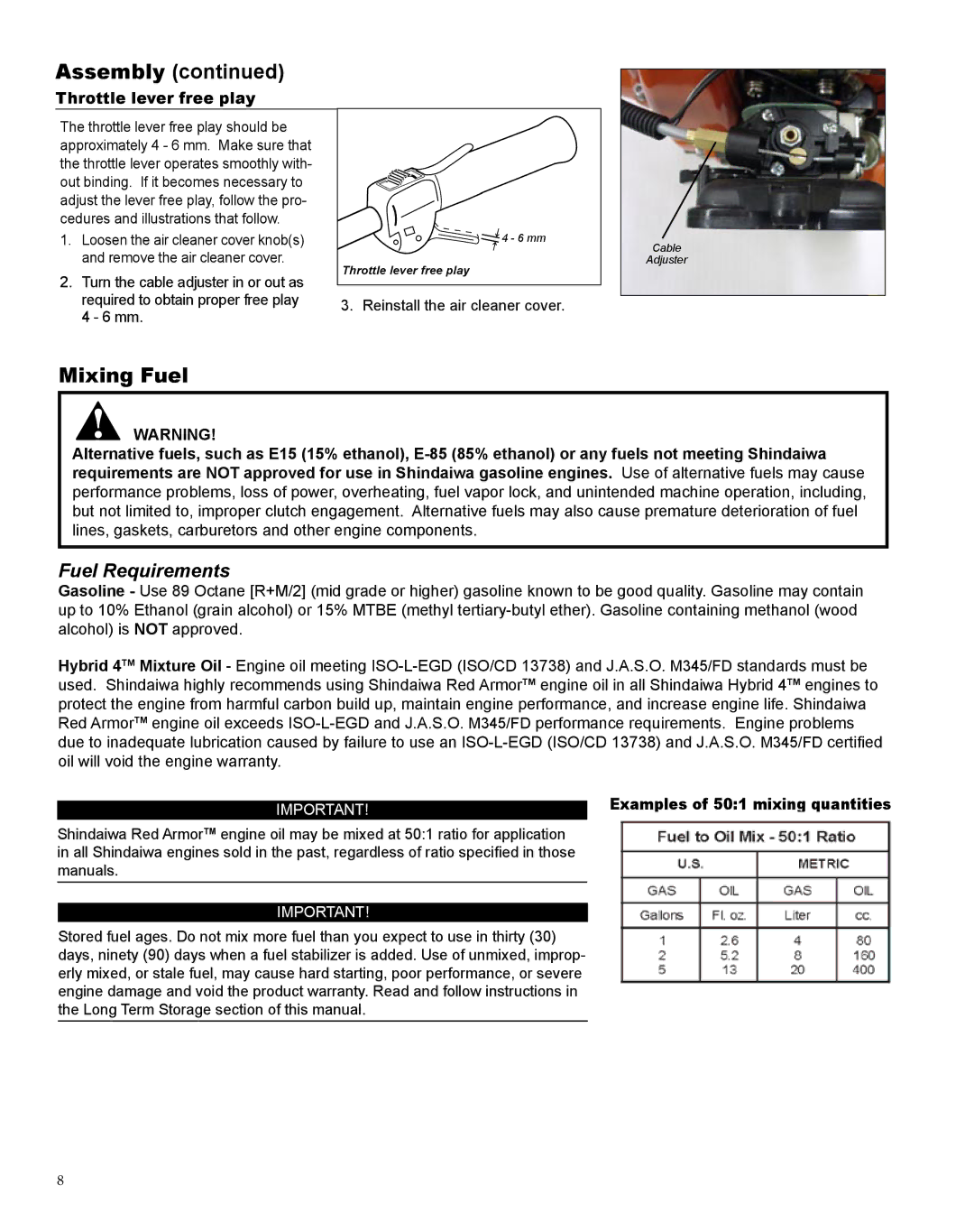 Shindaiwa X7502872400, AH254EF1 manual Mixing Fuel, Throttle lever free play 