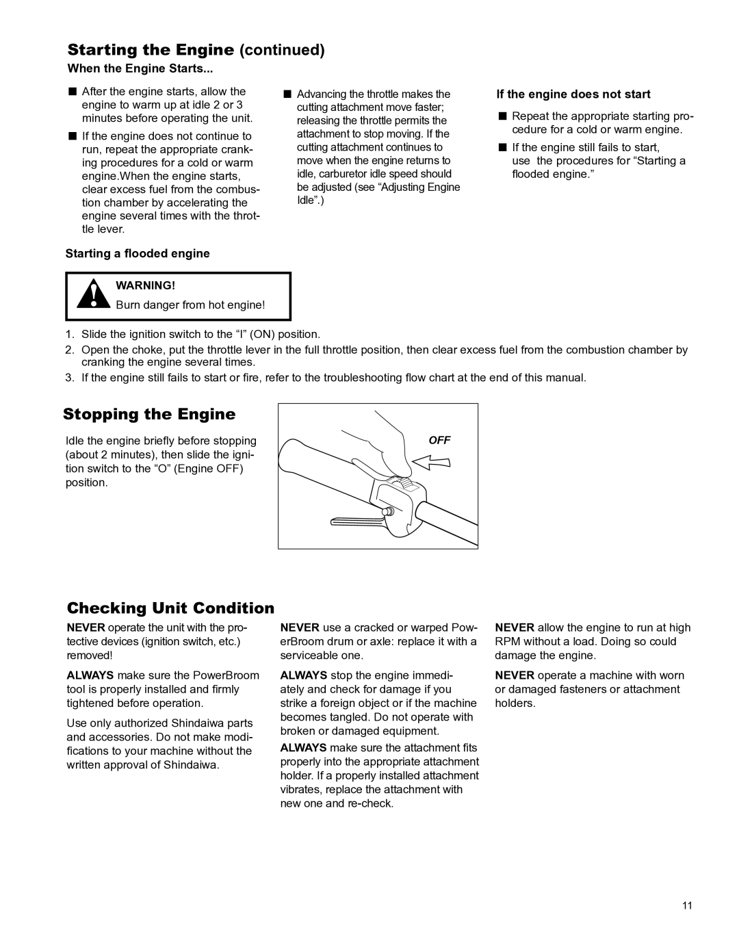 Shindaiwa X7502891100 Stopping the Engine, Checking Unit Condition, When the Engine Starts, If the engine does not start 