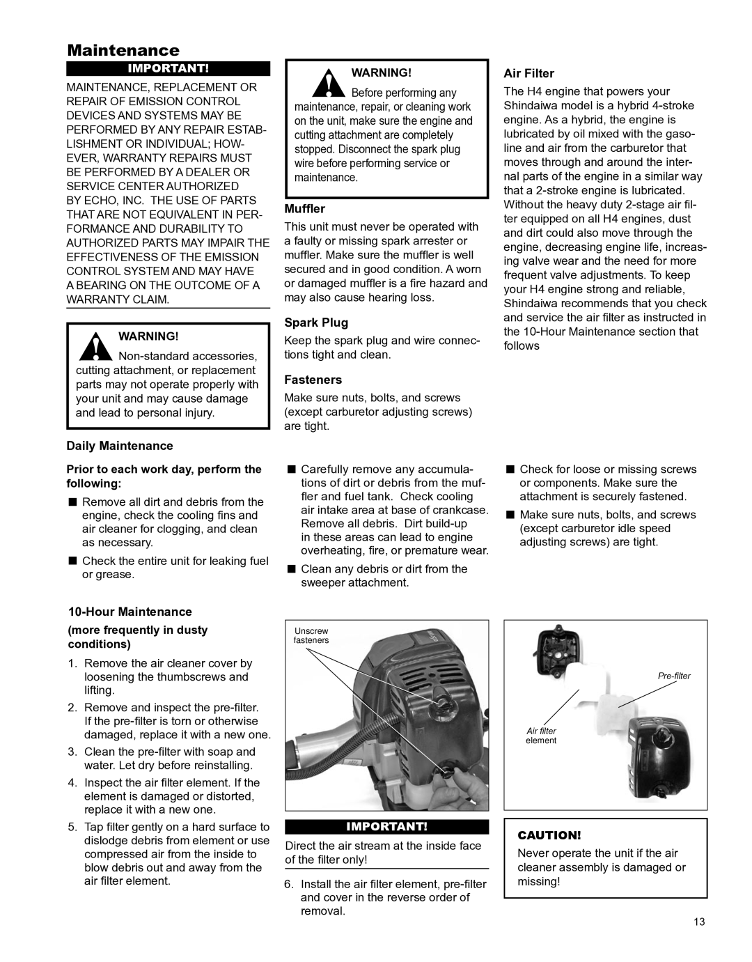 Shindaiwa X7502891100 manual Maintenance 