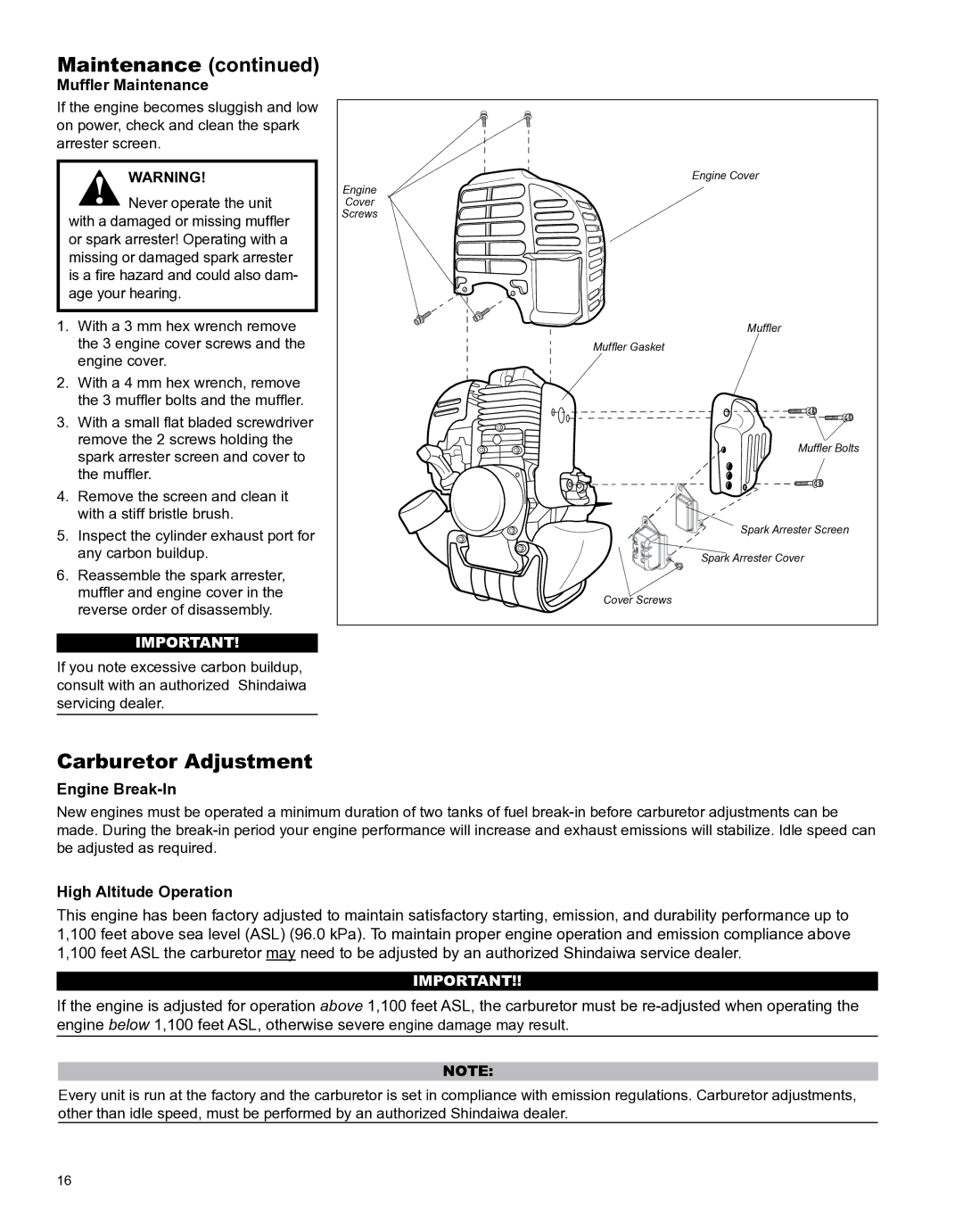 Shindaiwa X7502891100 manual Carburetor Adjustment, Muffler Maintenance, Engine Break-In, High Altitude Operation 