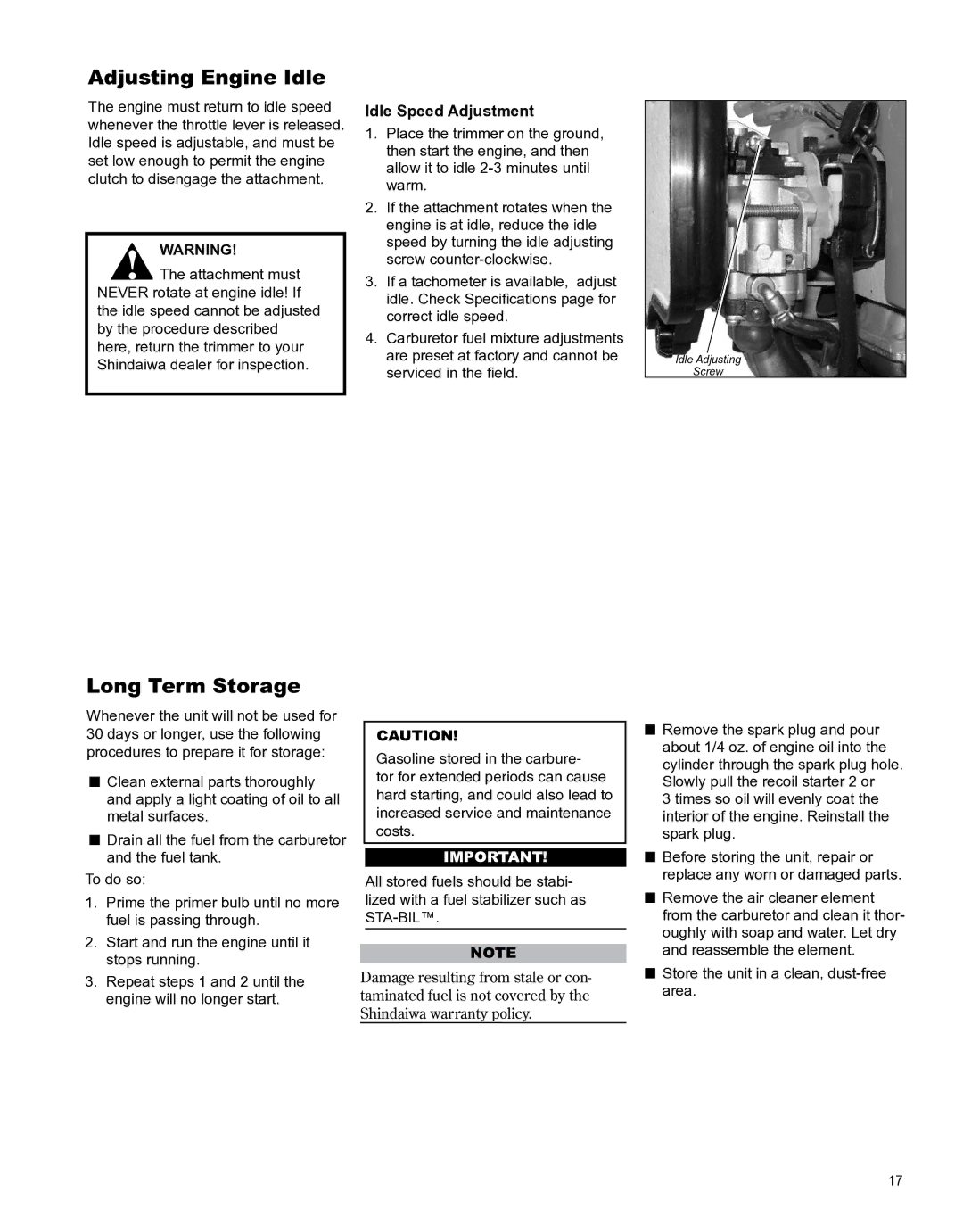 Shindaiwa X7502891100 manual Adjusting Engine Idle, Long Term Storage, Idle Speed Adjustment 