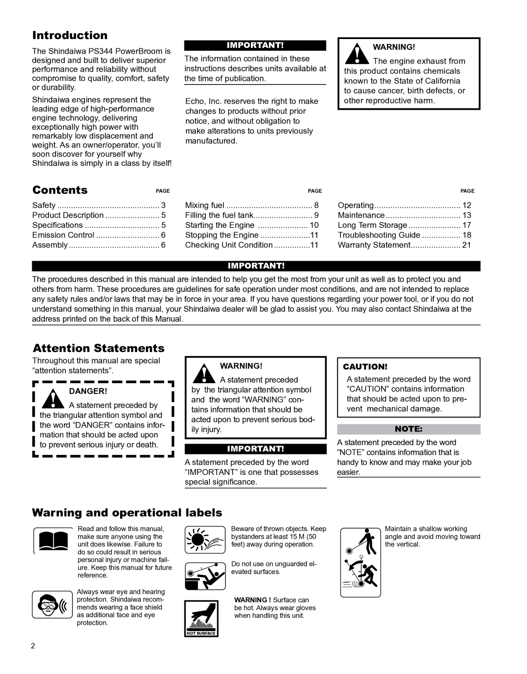 Shindaiwa X7502891100 manual Introduction, Contents 