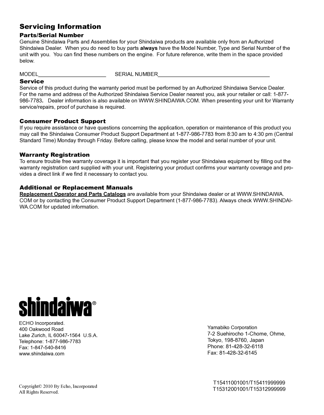 Shindaiwa X7502891100 manual Servicing Information, Parts/Serial Number 