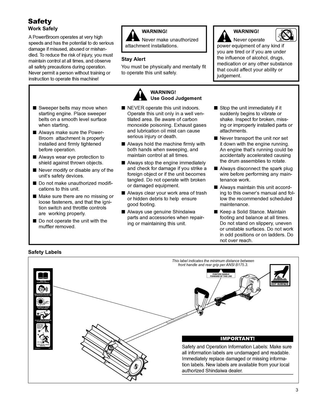 Shindaiwa X7502891100 manual Work Safely, Stay Alert, Use Good Judgement, Safety Labels 