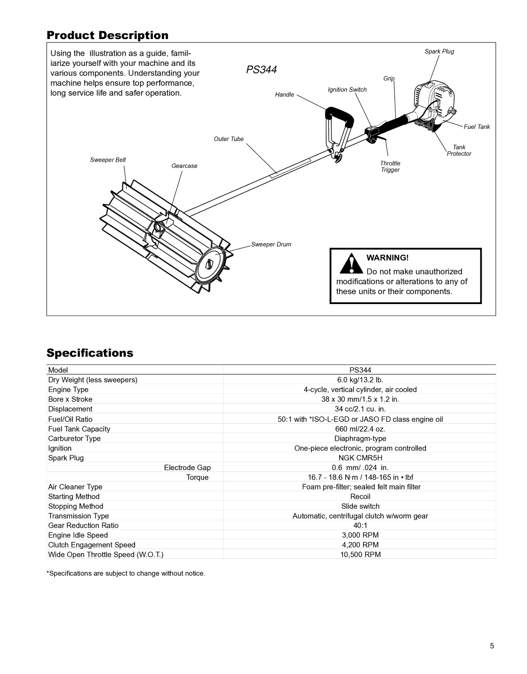 Shindaiwa X7502891100 manual Product Description, Specifications 