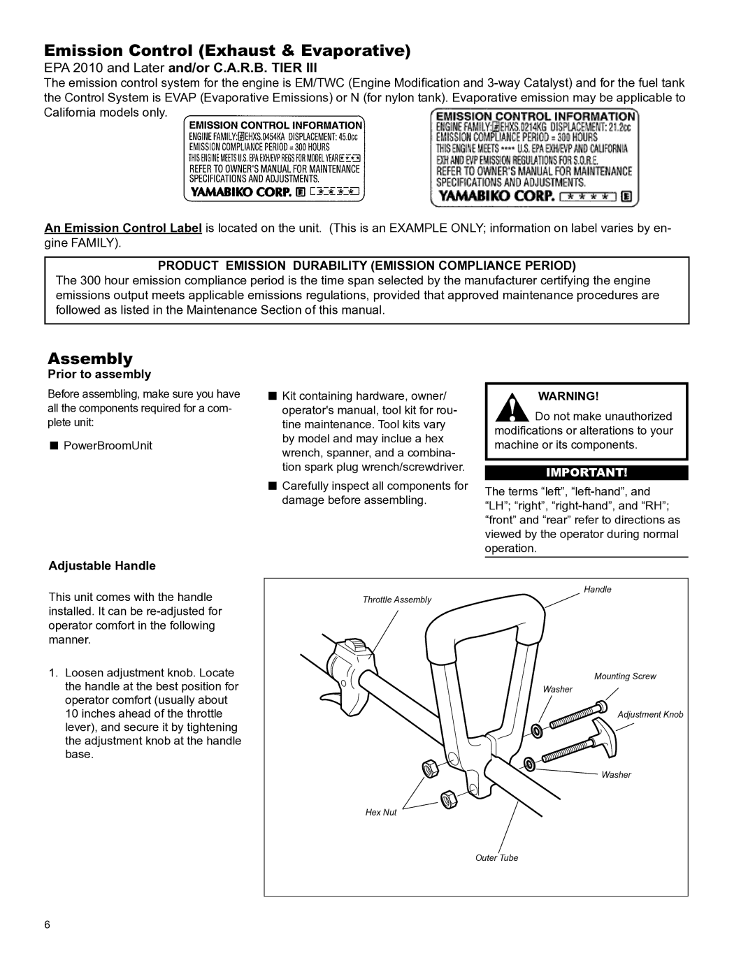 Shindaiwa X7502891100 manual Emission Control Exhaust & Evaporative, Assembly, Prior to assembly, Adjustable Handle 