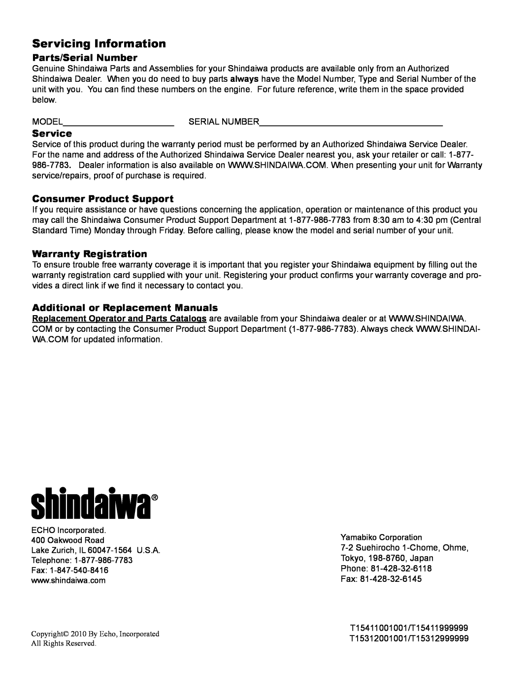 Shindaiwa X7502891100 Servicing Information, Parts/Serial Number, Service, Consumer Product Support, Warranty Registration 