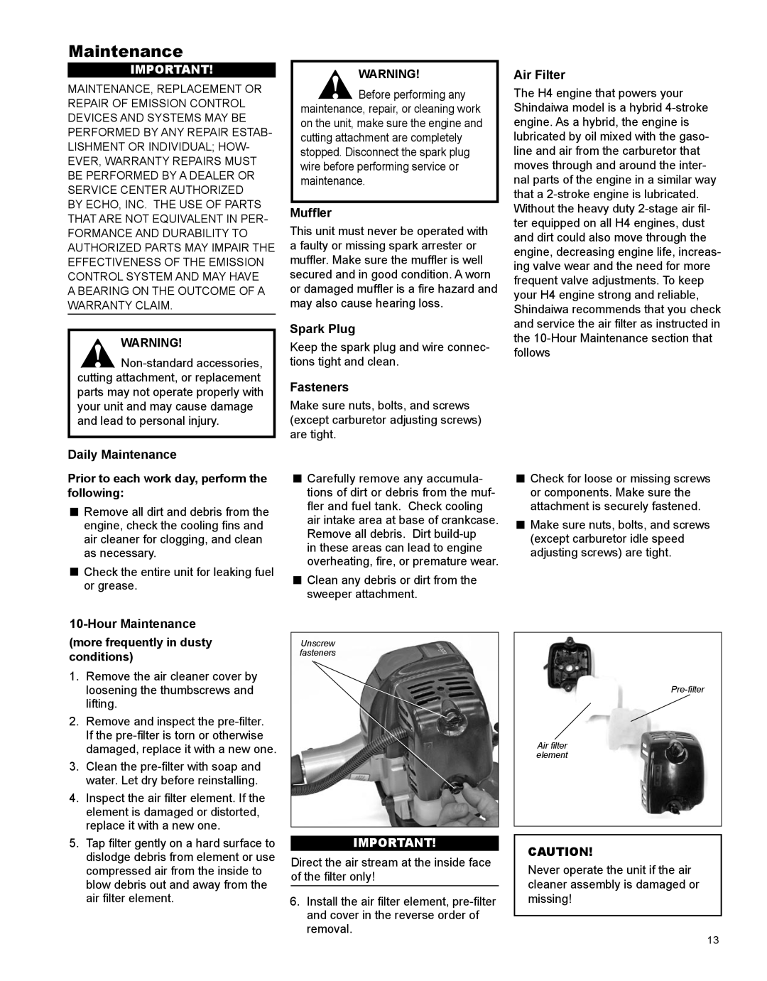 Shindaiwa PS344, X7502891200 manual Maintenance 