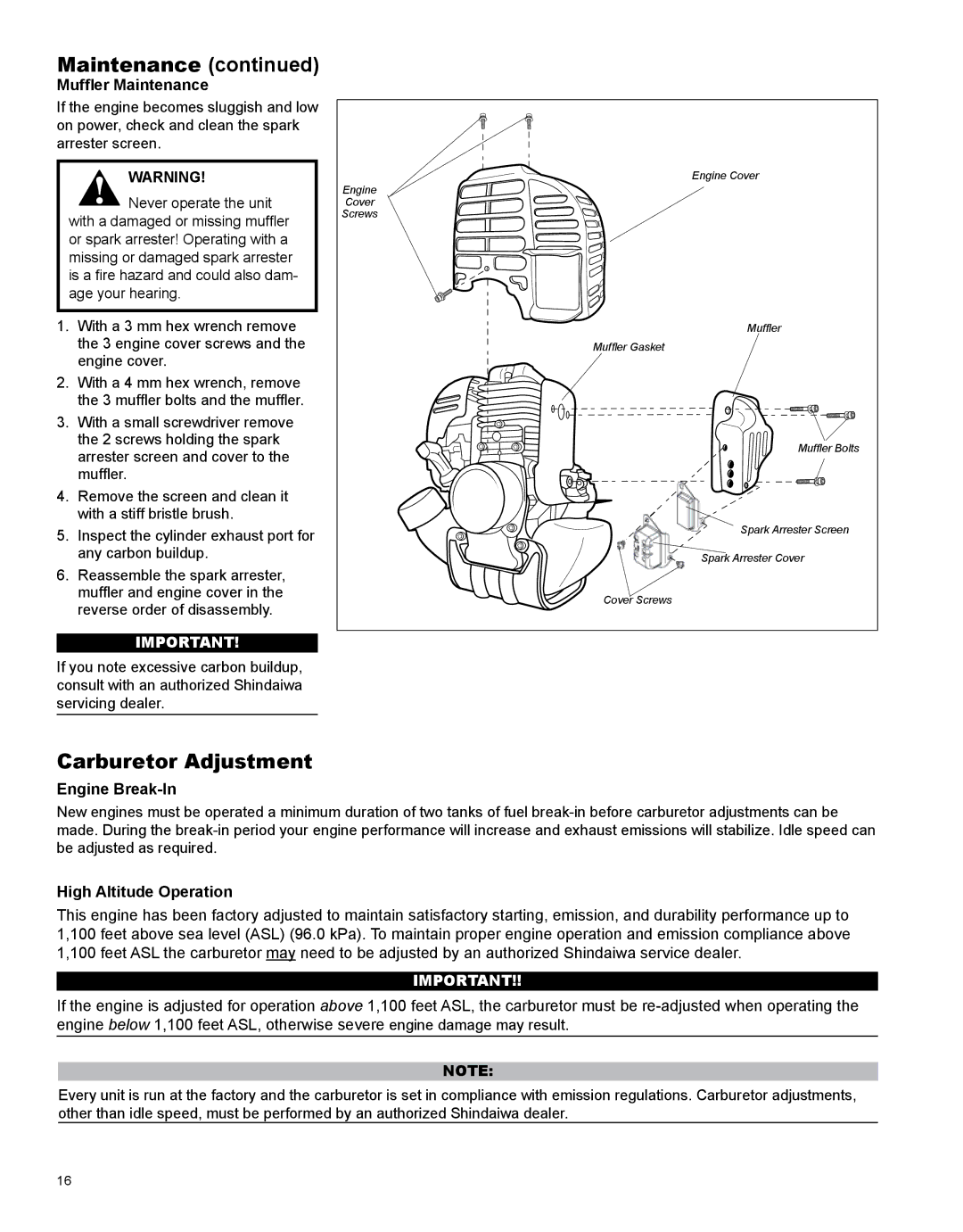 Shindaiwa X7502891200, PS344 manual Carburetor Adjustment, Muffler Maintenance, Engine Break-In, High Altitude Operation 