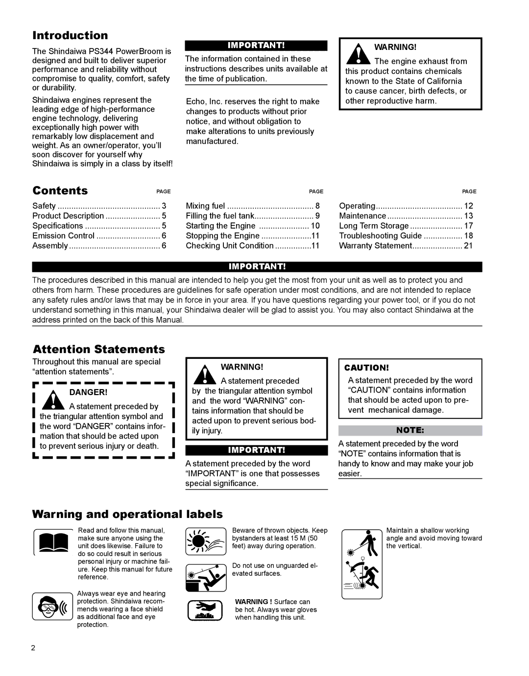 Shindaiwa X7502891200, PS344 manual Introduction, Contents 