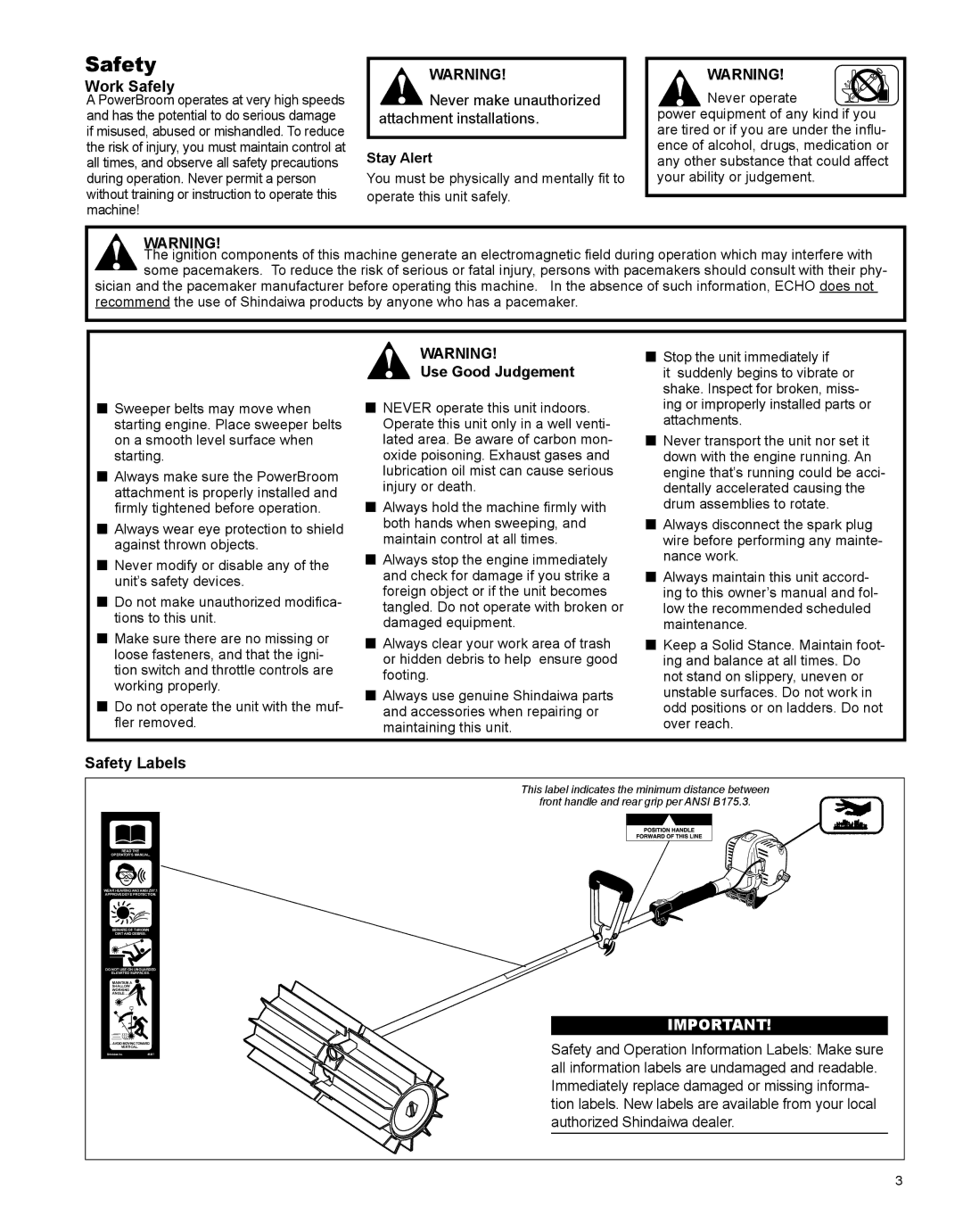 Shindaiwa PS344, X7502891200 manual Work Safely, Use Good Judgement, Safety Labels 