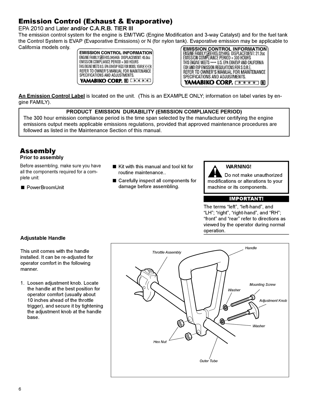 Shindaiwa X7502891200, PS344 manual Emission Control Exhaust & Evaporative, Assembly, Prior to assembly, Adjustable Handle 