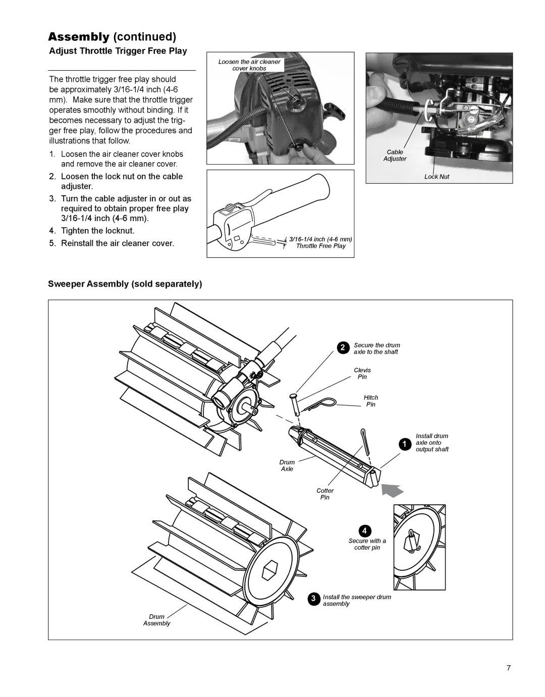 Shindaiwa PS344, X7502891200 manual Adjust Throttle Trigger Free Play, Sweeper Assembly sold separately 