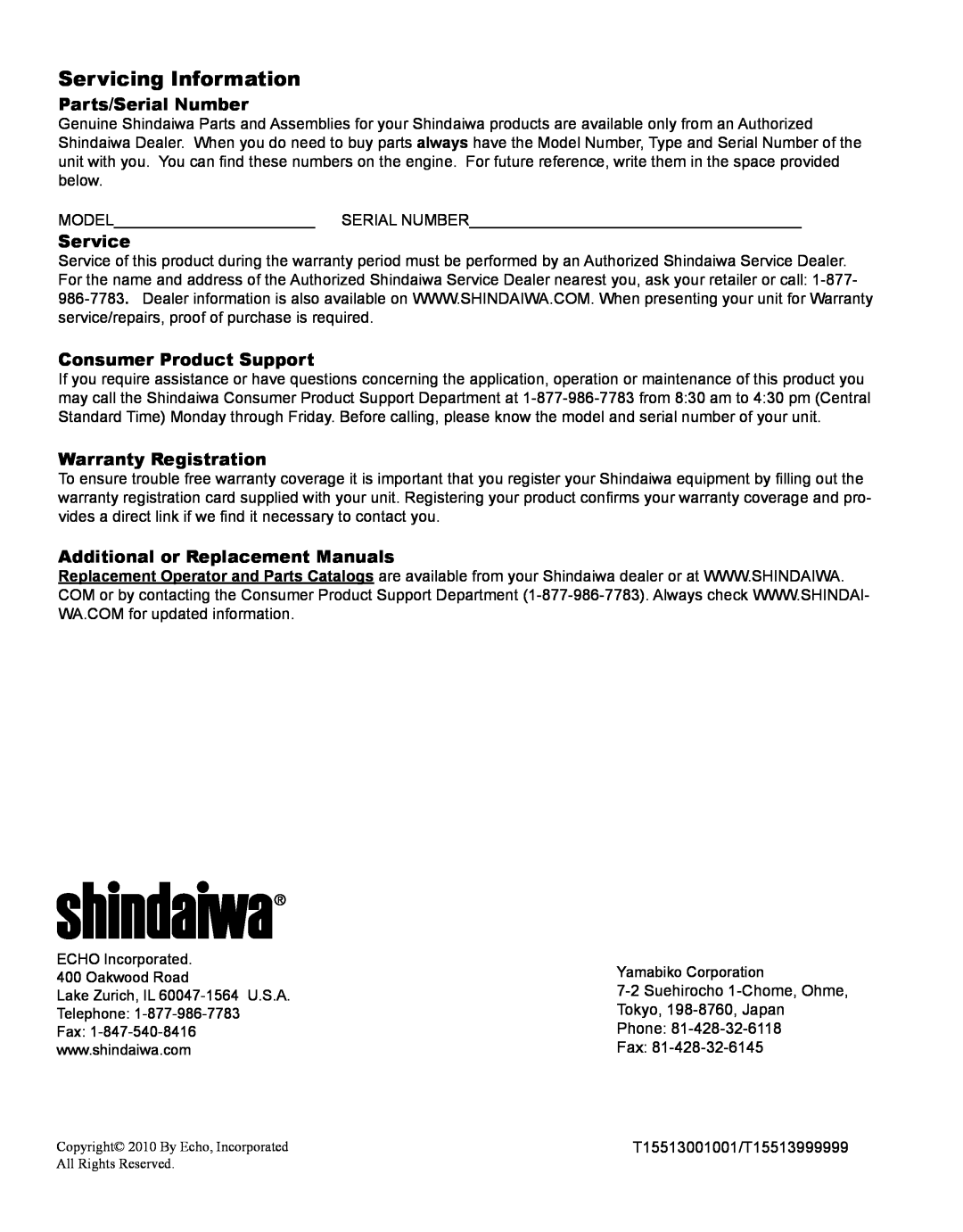 Shindaiwa X7502891200 Servicing Information, Parts/Serial Number, Service, Consumer Product Support, Warranty Registration 