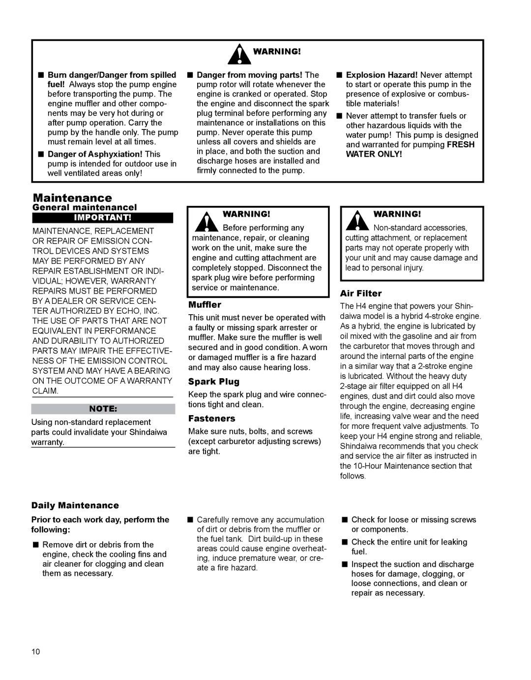 Shindaiwa X7506720300, GP344 manual Maintenance 