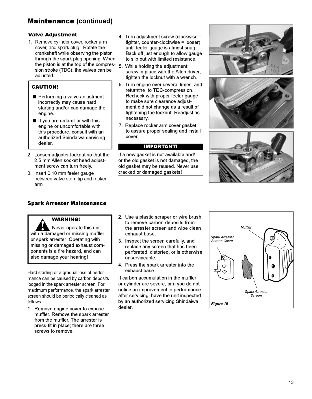 Shindaiwa GP344 Valve Adjustment, Spark Arrester Maintenance, Never operate this unit With a damaged or missing muffler 