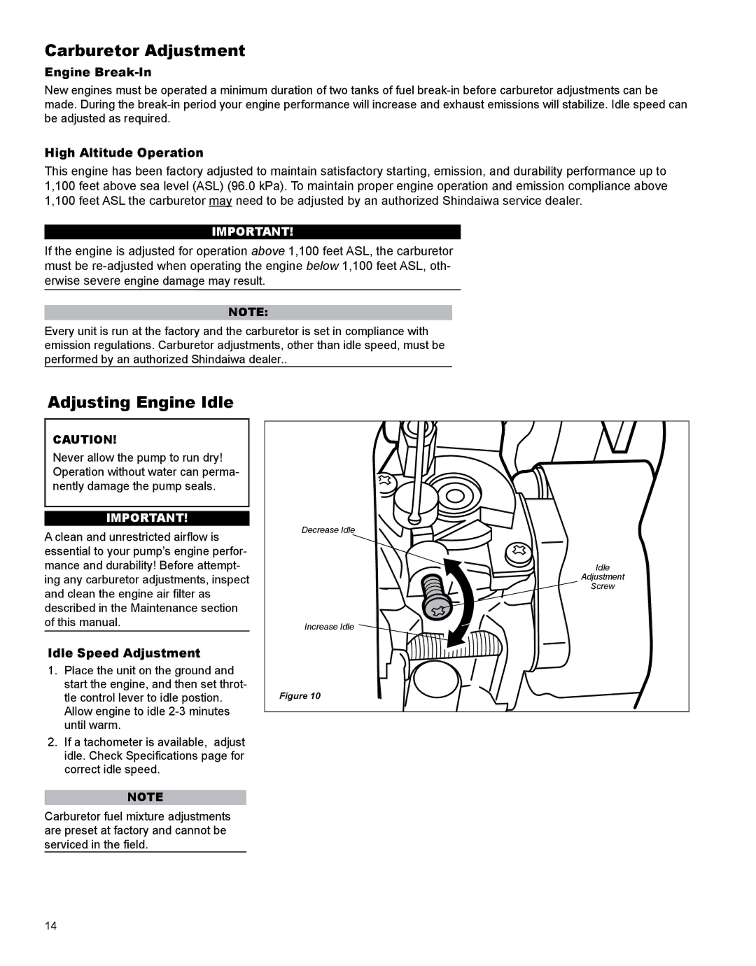 Shindaiwa X7506720300, GP344 manual Carburetor Adjustment, Adjusting Engine Idle, Engine Break-In, High Altitude Operation 