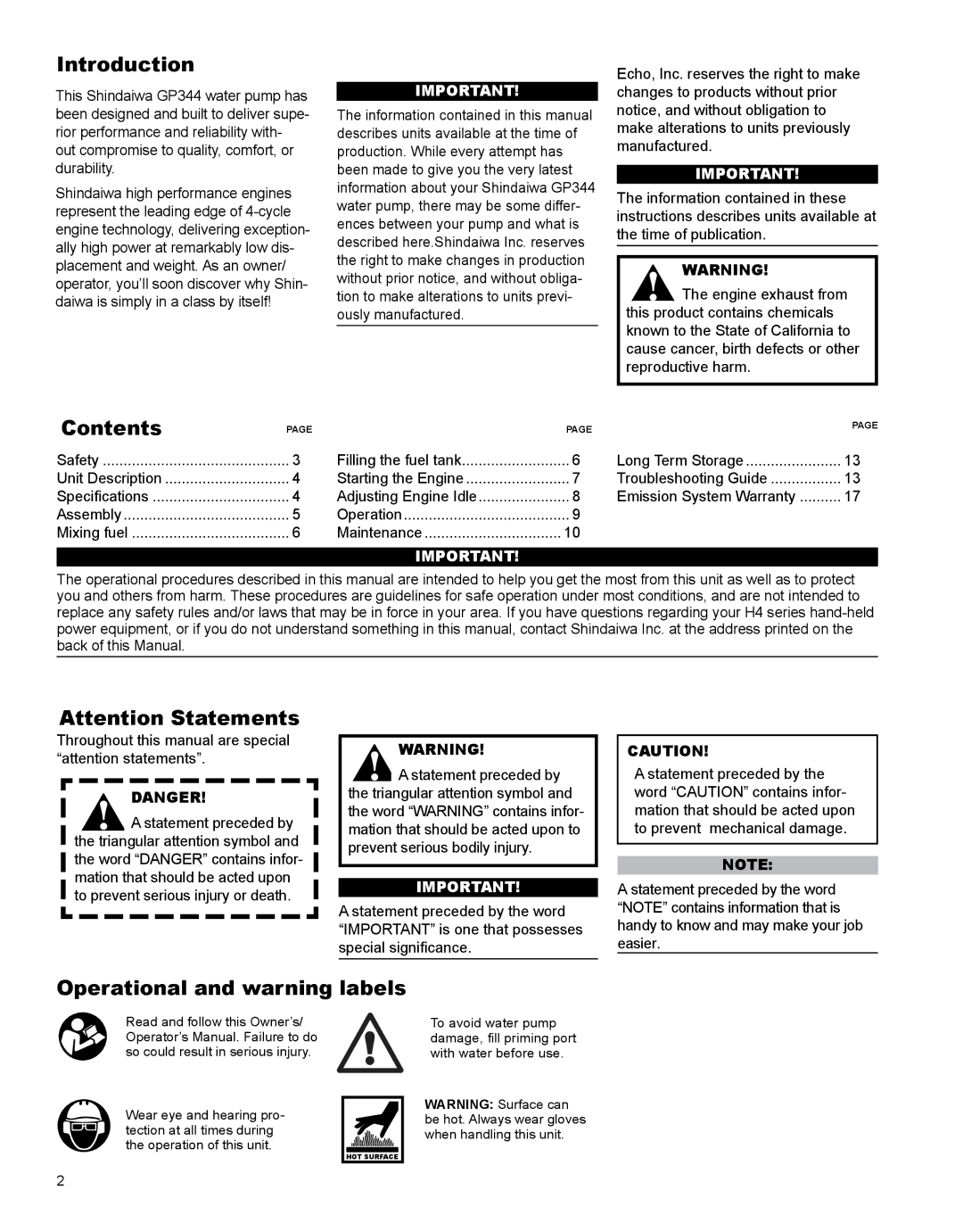 Shindaiwa X7506720300, GP344 manual Introduction, Contents, Operational and warning labels 