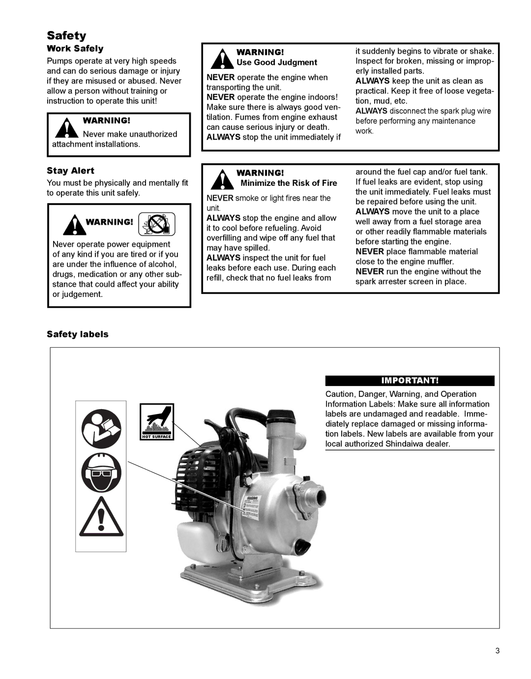 Shindaiwa GP344, X7506720300 manual Safety 