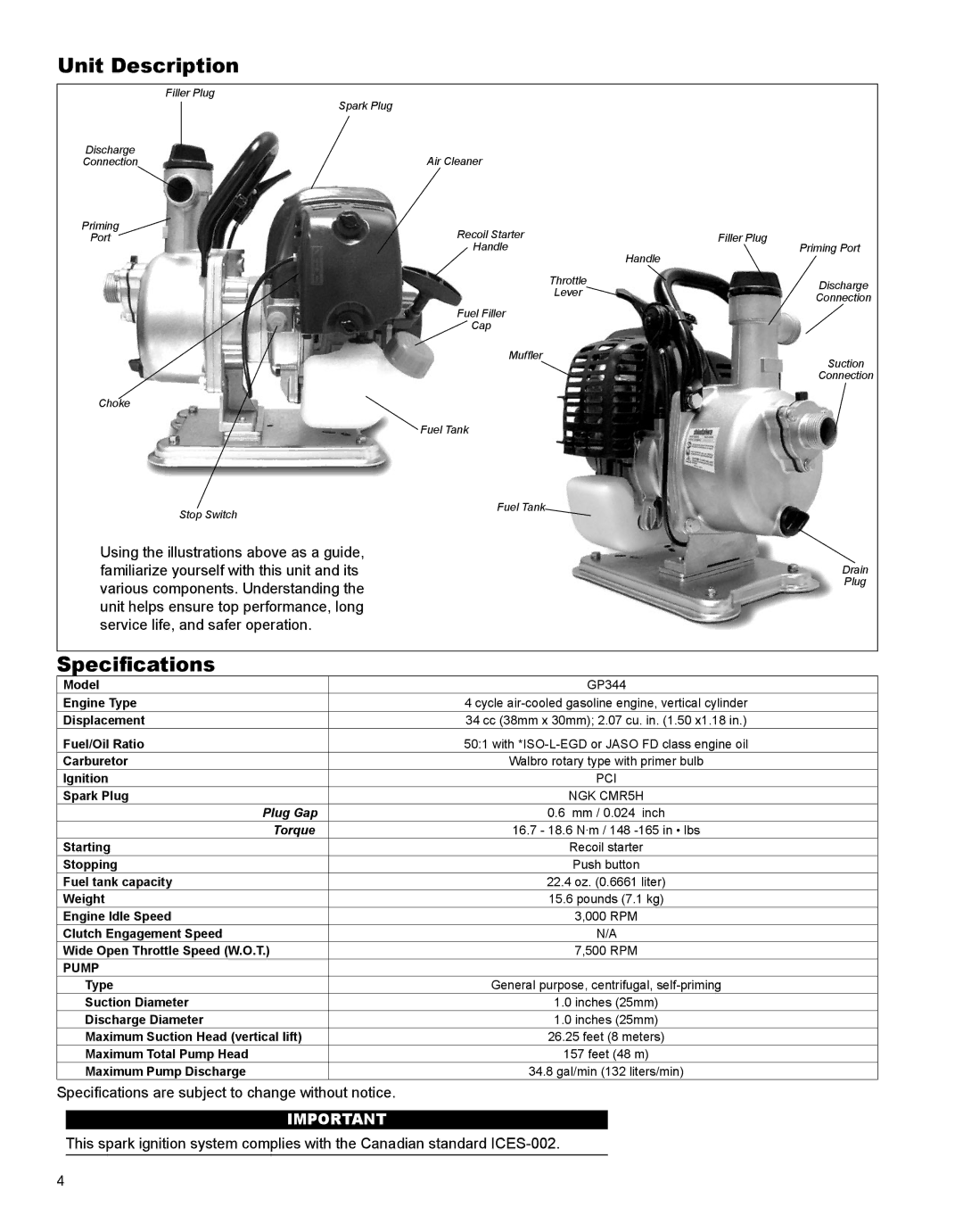 Shindaiwa X7506720300, GP344 manual Unit Description, Specifications, Various components. Understanding 