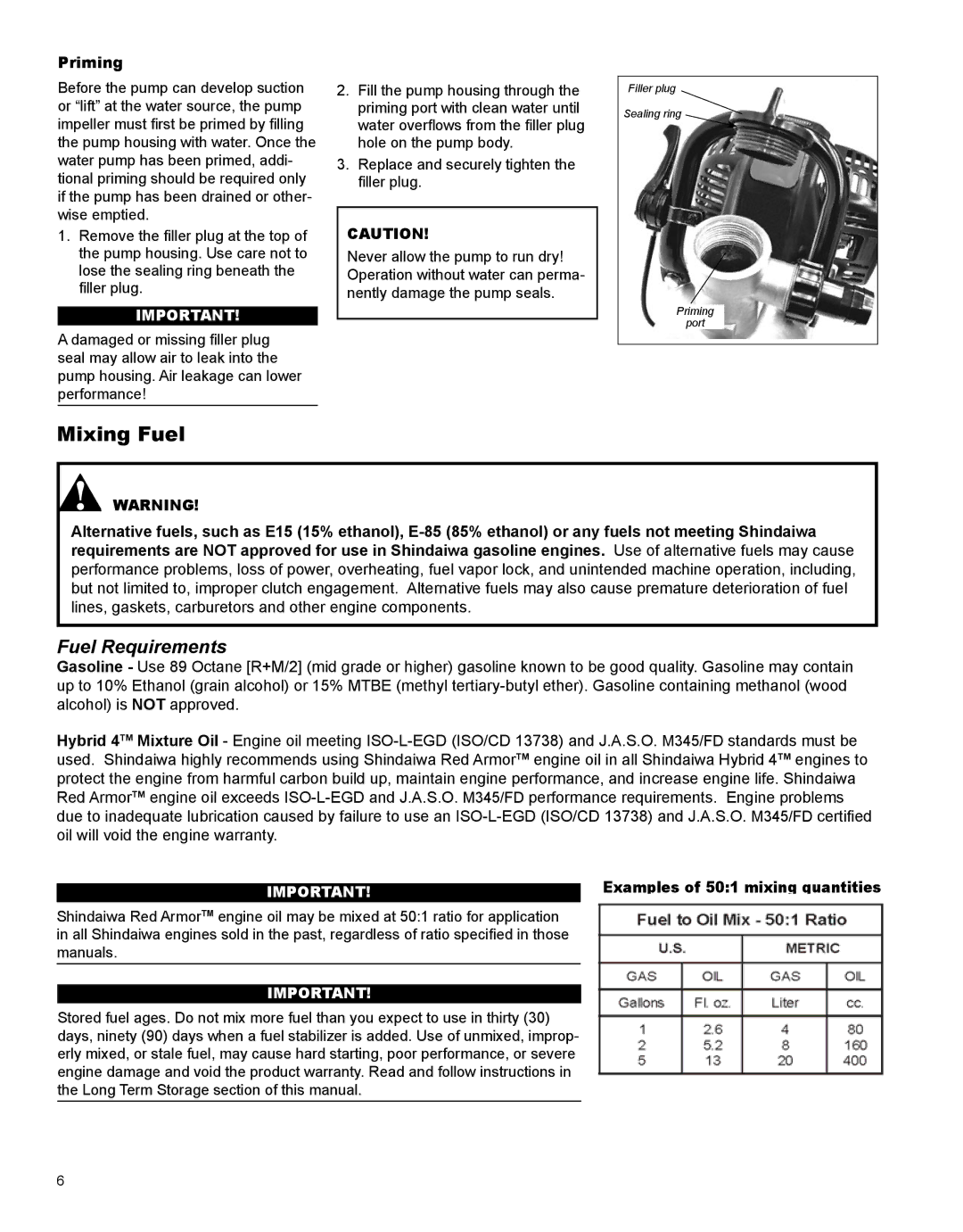 Shindaiwa X7506720300, GP344 manual Mixing Fuel, Priming 